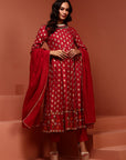Red Printed Rayon Kalidar Kurta Set