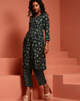 Teal Printed Muslin A-line Kurta Set