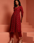 Maroon Printed Gathered Kurta Set