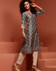 Grey Printed A-Line Kurta