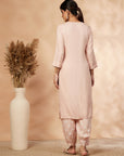 Beige Printed Gathered Straight Kurta Set