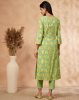 Lime Green Floral Print A-Line Kurta