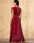 Wine Printed Belt Anarkali Lehenga Set