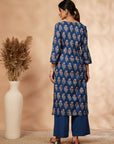Navy Blue Printed Cotton Kurta Set