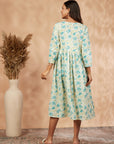 Off-White Cotton Floral Print Gathered Dress
