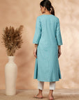 Aqua Rayon A-Line Printed Kurta