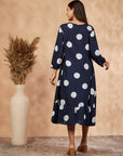 Print Navy Blue Gathered Dress