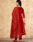 Red Embroidered Kalidar Kurta Set