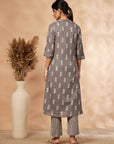 Grey Printed A-Line Kurta Set