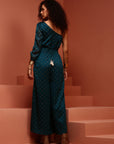 Teal Printed Chiffon One Shoulder Jumpsuit