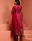 Wine Printed Dress With Net Dupatta