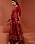 Red Kalidar Brocade Kurta Set