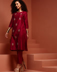 Wine- Coloured Embroidered Kurta Set
