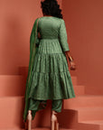 Green Printed Tiered Kurta Set