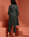 Teal Printed Muslin A-line Kurta Set