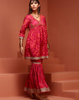 Pink Floral Printed Gathered Kurta Set