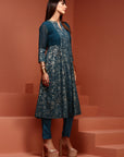 Teal Brocade Gathered Kurta Set
