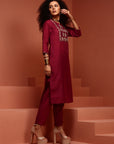Wine Embroidered Straight Kurta Set