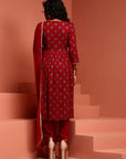 Maroon Printed Gathered Kurta Set
