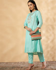 Aqua A-Line Embroidered Kurta Set