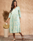 Off-White Cotton Floral Print Gathered Dress
