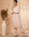 Beige Printed Gathered Straight Kurta Set