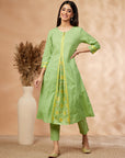 Floral Solid Lime Green Flared Kurta