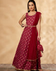 Wine Printed Belt Anarkali Lehenga Set