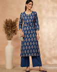 Navy Blue Printed Cotton Kurta Set
