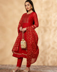Red Embroidered Kalidar Kurta Set