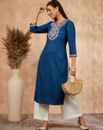 Floral Navy Blue Straight Embellished Kurta set