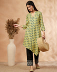 Lime Green Print Asymmetric Kurta