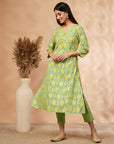 Lime Green Floral Print A-Line Kurta