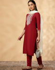 Maroon Embroidered Straight Kurta Set