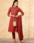 Red Floral Embroidered Kurta Set