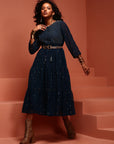 Inkblue Printed Georgette Tiered Dress