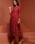 Red Printed Rayon Kalidar Kurta Set