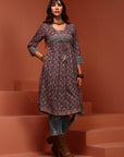 Red Printed Gathered Kurta