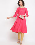 Coral Embroidered A-line Rayon Kurta