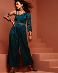 Teal Printed Chiffon One Shoulder Jumpsuit