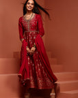 Red Kalidar Brocade Kurta Set
