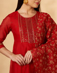 Red Embroidered Kalidar Kurta Set