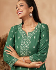 Green Printed Cotton Straight Kurta