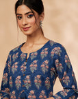 Navy Blue Printed Cotton Kurta Set