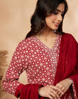 Red Printed A-Line Kurta Set