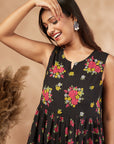 Black Printed Cotton Tiered Dress