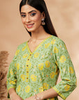 Lime Green Floral Print A-Line Kurta