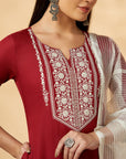 Maroon Embroidered Straight Kurta Set