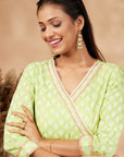 Printed Lime Green Gathered Kurta