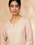 Beige Printed Gathered Straight Kurta Set